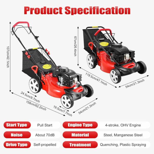 21-Inch Gas Push Lawn Mower, 5HP 140CC Self Propelled Gas Lawn Mower, Single Cylinder OHV Gasoline Engine, Foldable Lawn Mower for Sports Fields Community Greening Urban Gardens - For Sale - Price - Image 3