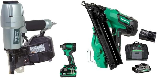 Bundle of Metabo HPT Pneumatic Siding Nailer + 18V Impact Driver Pro Bundle Kit, with BONUS 18V Triple Hammer Impact Driver, KNV65AH2 + Metabo HPT 18V Angled Cordless Finish Nailer Kit, NT1865DMAST, Price For Sale