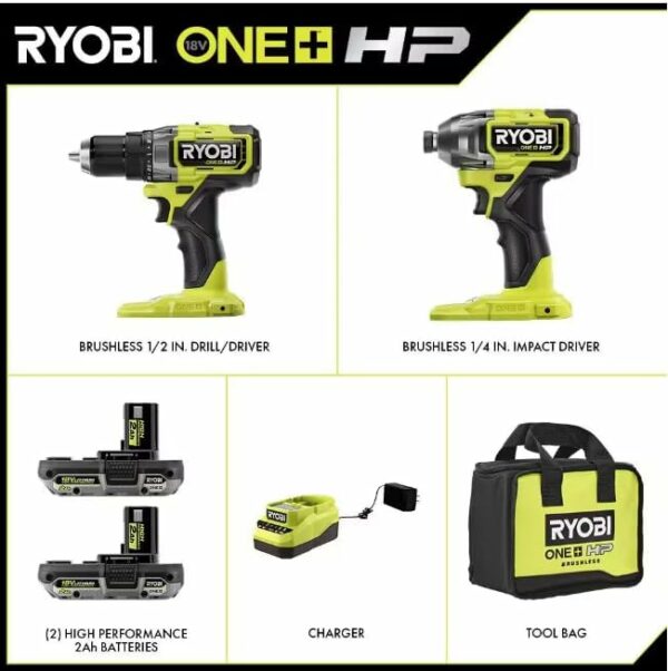 ONE+ HP 18V Brushless Cordless Combo Kit w/ 1/2 in. Drill, 1/4 in. Impact Driver (2) 2.0 Ah Batteries, Charger and Bag - For Sale - Price - Image 4