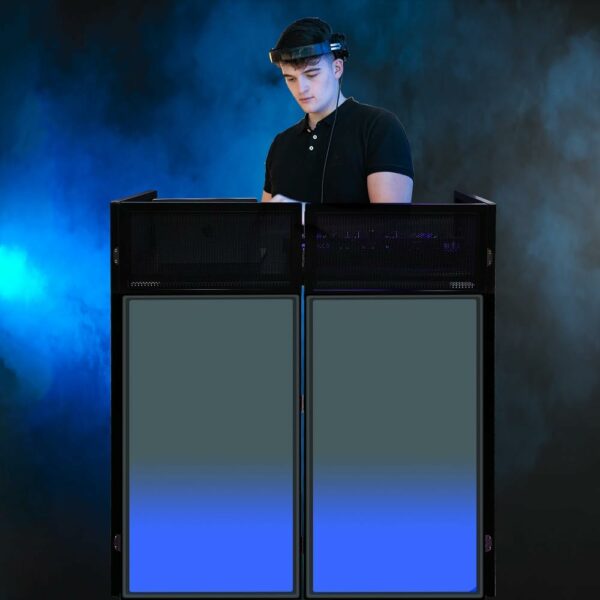 LUCKUP Portable DJ Booth 41"L x 20"W DJ Facade with White & Black Scrim, Foldable DJ Table Station with Adjustable Feet for Party, Black Metal Frame - For Sale - Price - Image 6