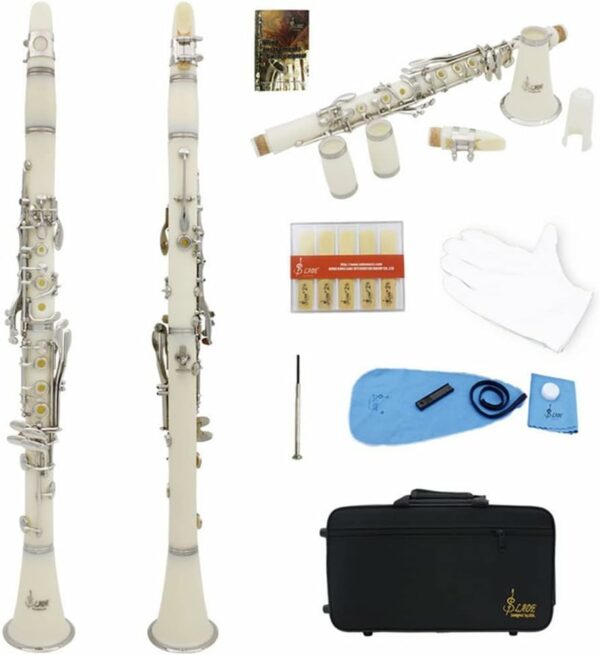 Professional Ebonite Bb Clarinet 17 Keys, Clarinet with Reed, Hard Case, Gloves, Cleaning Cloth Bb Clarinet for Beginners Musical Instruments(White;#1) - For Sale - Price