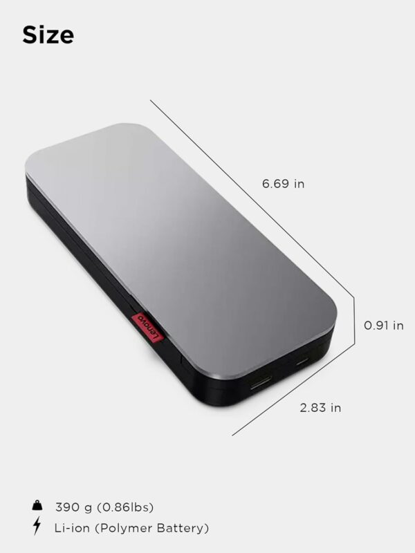 Lenovo Go USB-C Laptop Power Bank (20000 mAh) - 65W - USB-C and USB-A Ports - Fast Charging Portable Power Station with Integrated Cable - Model PBLG2W - Storm Grey - For Sale - Price - Image 7