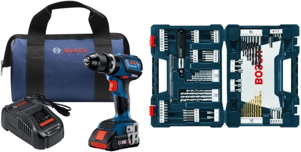 BOSCH GSB18V-535CB15 18V EC Brushless Connected-Ready Compact Tough 1/2 In. Hammer Drill/Driver with (1) CORE18V 4.0 Ah Compact Battery&BOSCH 91-Piece Drilling and Driving Mixed Set MS4091, Price For Sale