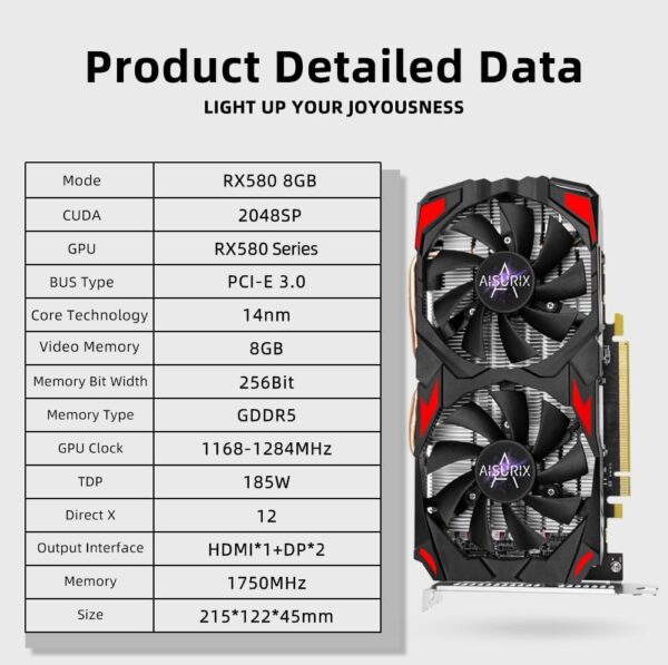 AISURIX RX 580 Graphics Card, 2048SP, Real 8GB, GDDR5, 256 Bit, Pc Gaming Video Card, 2XDP, HDMI, PCI Express 3.0 with Freeze Fan Stop for Desktop Computer Gaming Gpu - For Sale - Price - Image 2