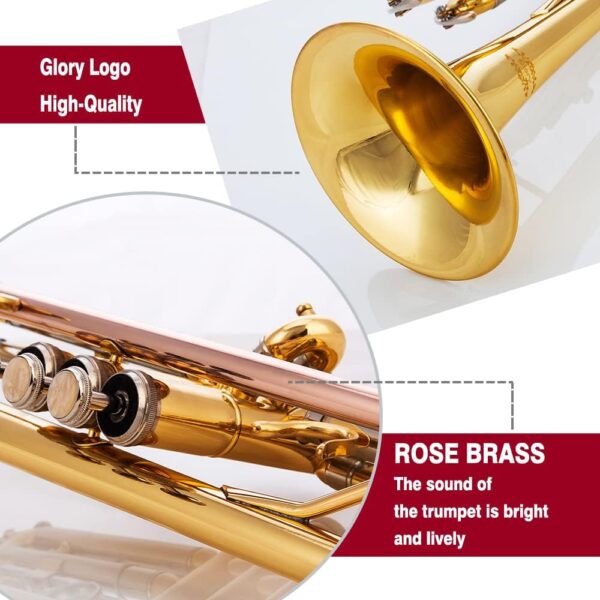 Glory Bb Trumpet - Trumpets for Beginner or Advanced Student with Case, pair of gloves-Gold - For Sale - Price - Image 4