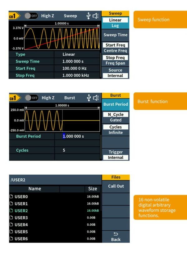 OWON DGE2000 Series Arbitrary Waveform Generator 35MHz/70MHz Frequency Output Comprehensive Waveform Output : 5 Basic waveforms and 150 Built-in Arbitrary waveforms (DGE2070 70MHz 300MS/s 8k 14bits) For Sale - Price - Image 7