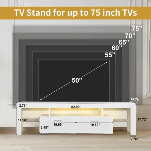 LED TV Stand for 65 inch TV, Morden TV Console Table Entertainment Center, Gaming TV Cabinet for Living Room Bedroom Office Home Apartment Furniture (160 White TV Stand 2 with 5 Storage) - For Sale - Price - Image 2