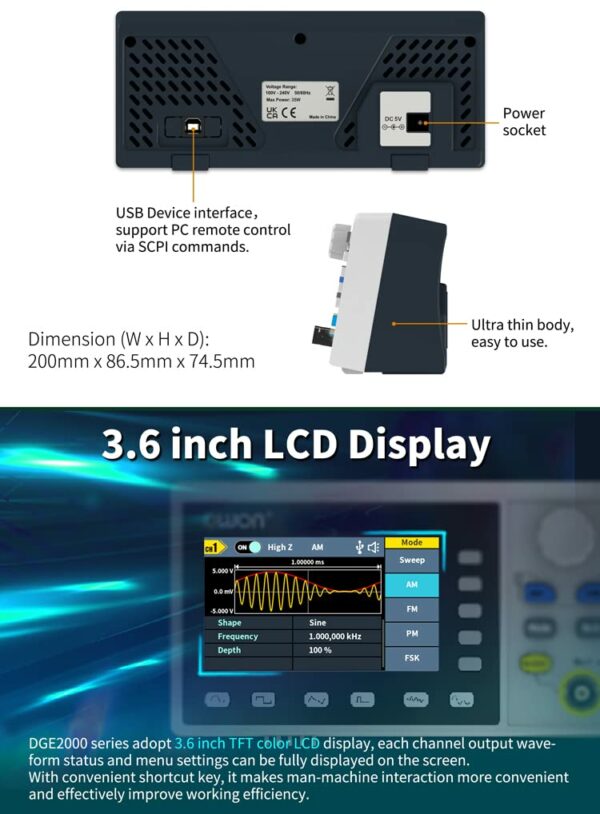 OWON DGE2000 Series Arbitrary Waveform Generator 35MHz/70MHz Frequency Output Comprehensive Waveform Output : 5 Basic waveforms and 150 Built-in Arbitrary waveforms (DGE2070 70MHz 300MS/s 8k 14bits) For Sale - Price - Image 6