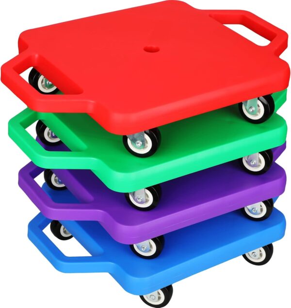 4 Pieces Sports Scooter Board with Handles Plastic Casters Floor Scooter Board Sitting Scooter Board for Kids Children Gym Indoor Outdoor Activities Play Equipment - For Sale - Price