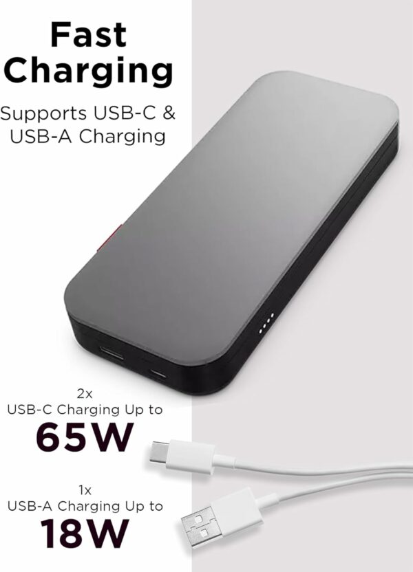 Lenovo Go USB-C Laptop Power Bank (20000 mAh) - 65W - USB-C and USB-A Ports - Fast Charging Portable Power Station with Integrated Cable - Model PBLG2W - Storm Grey - For Sale - Price - Image 5