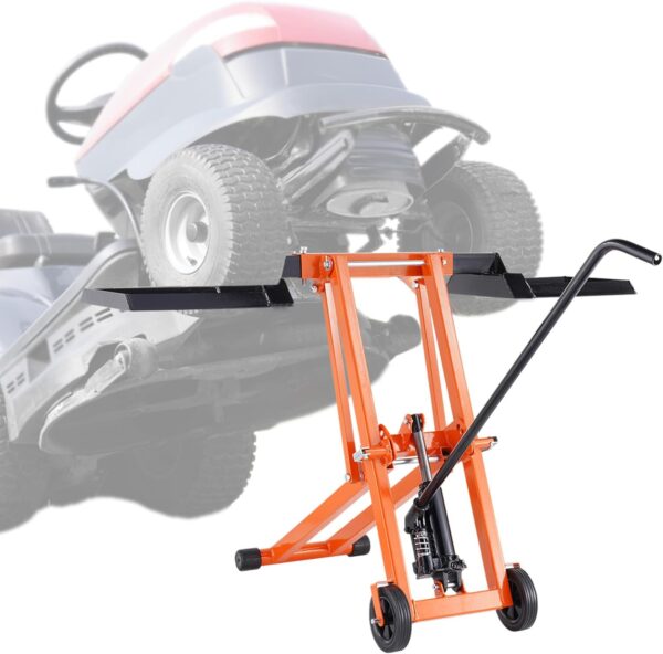 VEVOR Lawn Mower Lift with Hydraulic Jack, 500 Lbs Weight Capacity, Solid Carbon Steel Lawn Mower Lift, Adjustable Movable Lawn Lifter for Riding Tractors and Zero Turn Lawn Mowers, Orange - For Sale - Price