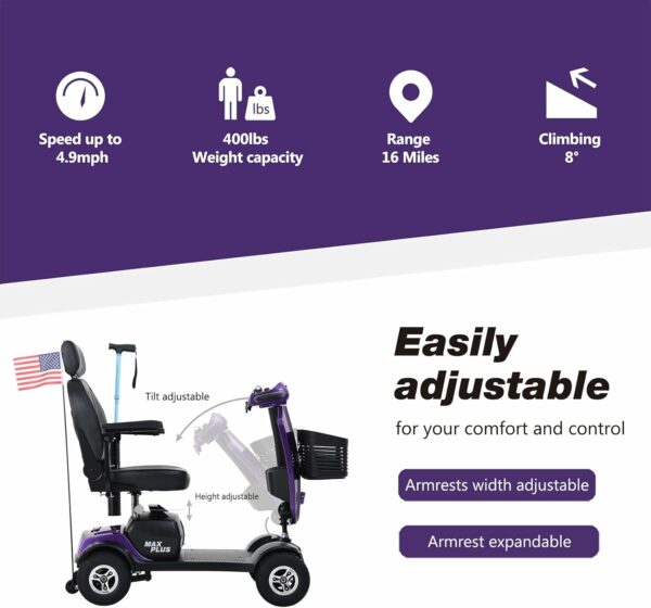 Mobility Scooters for Seniors & Adults 400lbs Capacity，4 Wheel Electric Power Mobile Wheelchair with Lights Collapsible and Compact Duty Travel Scooter w/Basket Extended Battery (Purple) - For Sale - Price - Image 4