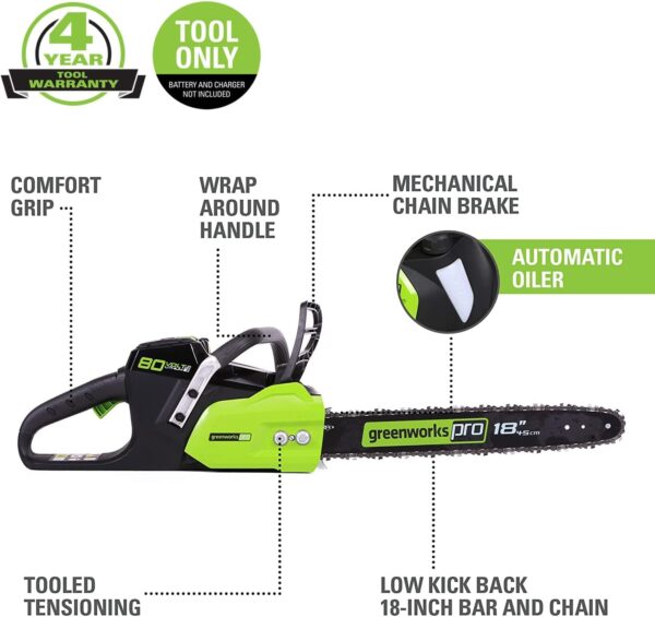 Greenworks 80V 18" Brushless Cordless Chainsaw (Great for Tree Felling, Limbing, Pruning, and Firewood) / 75+ Compatible Tools), Tool Only, Black & Green - For Sale - Price - Image 2