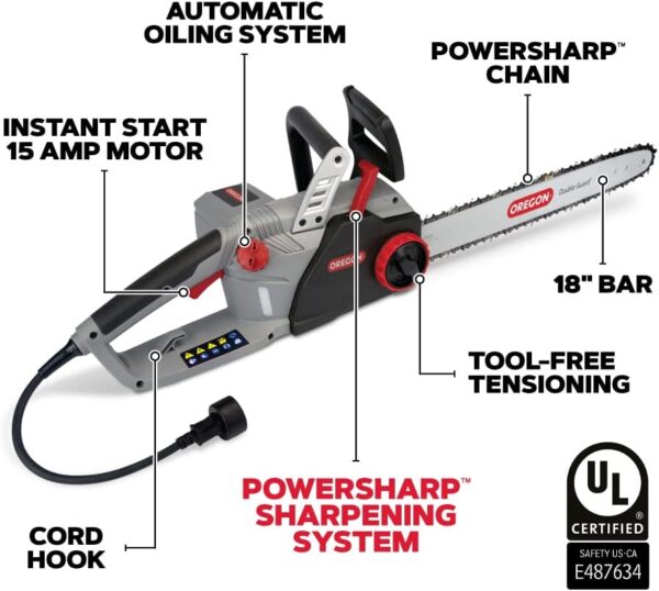 Oregon CS1500 18-inch 15 Amp Self-Sharpening Corded Electric Chainsaw, with Integrated Self-Sharpening System (PowerSharp), 2-Year Warranty, 120V, Grey, Black - For Sale - Price - Image 2