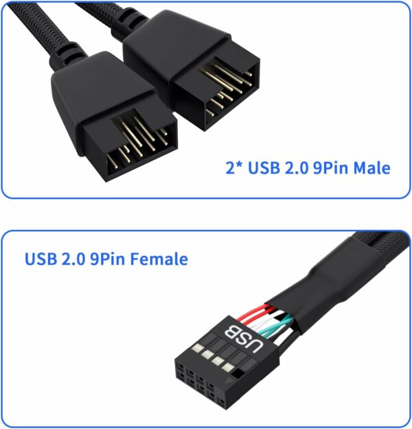 OwlTree 2 Pack Motherboard 9 Pin USB 2.0 to Dual 9 Pin Extension Splitter, Motherboard USB Splitter 9 Pin Header Cable, USB2.0 Header Splitter for Internal Computer Motherboard (Braided Black) - For Sale - Price - Image 2