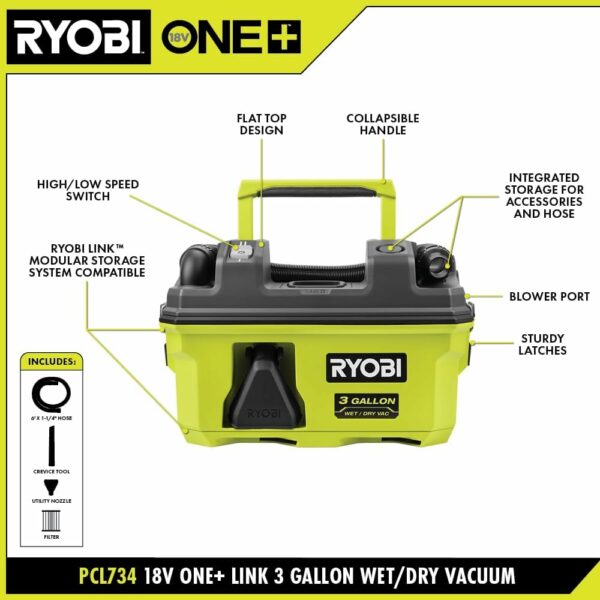 RYOBI 18V ONE+ Link 3 Gallon Wet/Dry Shop Vacuum (Bare Tool), Green - For Sale - Price - Image 2