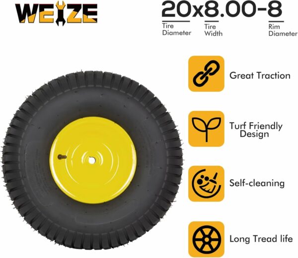 WEIZE 20x8.00-8 Tubeless Rear Tire with Wheel Assemblies, 3.5" Offset Hub, 3/4" Borehole with 3/16" Keyway, Replacement for Riding Lawn Mowers, 4 Ply, 965lbs Capacity, Set of 2 - For Sale - Price - Image 5