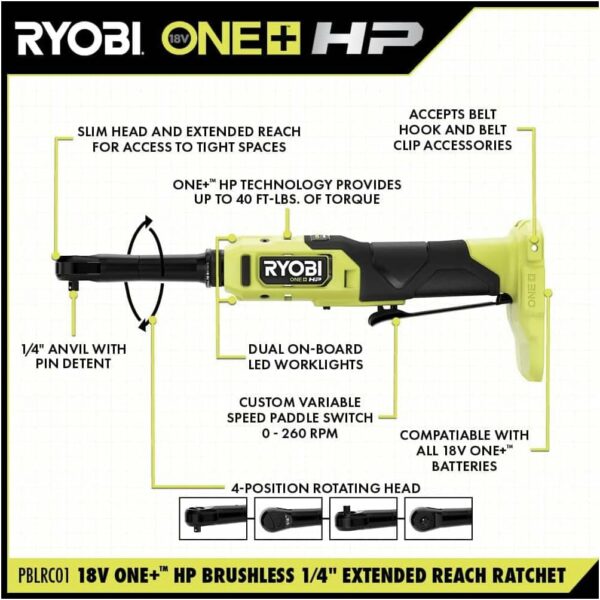 RYOBI ONE+ HP 18V Brushless Cordless 1/4 in. Extended Reach Ratchet (Tool Only) - PBLRC01B - For Sale - Price - Image 3