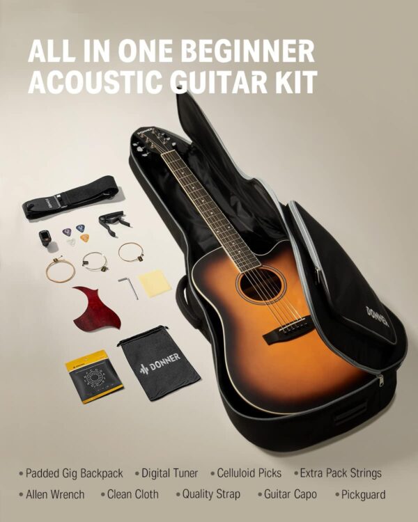 Donner Acoustic Guitar for Beginner Adult Full Size Cutaway Acustica Guitarra Bundle Kit with Free Online Lesson Bag Strap Tuner Capo Pickguard String Pick, Right Hand 41”Sunburst, DAG-1CS/DAD-160CS - For Sale - Price - Image 5