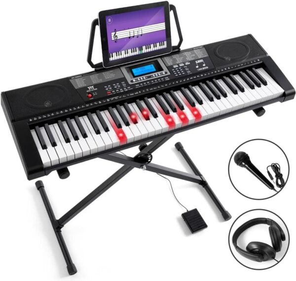 MUSTAR Piano Keyboard, MEKS-500 61 Key Learning Keyboard Piano with Lighted Up Keys, Electric Piano Keyboard for Beginners, Stand, Sustain Pedal, Headphones/Microphone, USB Midi, Built-in Speakers - For Sale - Price