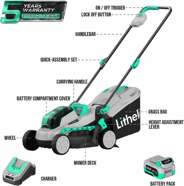 Litheli Cordless Lawn Mower 13 Inch, 5 Heights, 20V Electric Lawn Mowers for Garden, Yard and Farm, with Brushless Motor, 4.0Ah Battery & Charger Included - For Sale - Price - Image 6