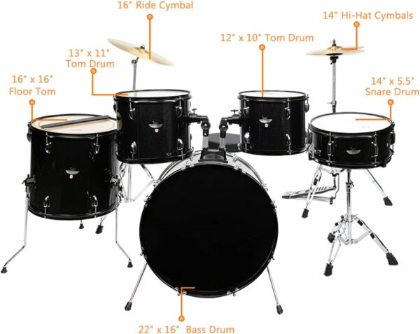 Ktaxon 5-Piece Adult Drum Set, 22 Inch Full-Size Drums Kit with Cymbal Stands, Hi-hat Stand, Sticks, Drum Pedal, Stool & Floor Tom for Beginner Teens Student (Black) - For Sale - Price - Image 3