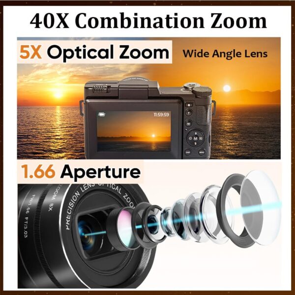 5K Digital Camera Autofocus for Photography, 64MP Vlogging Camera 5X Optical Zoom Retro Camera for YouTube, 1.66 Aperture Wide-Angle Lens, Travel 4K Video Camera, Compact Camera 40x Zoom Flip Screen - For Sale - Price - Image 3