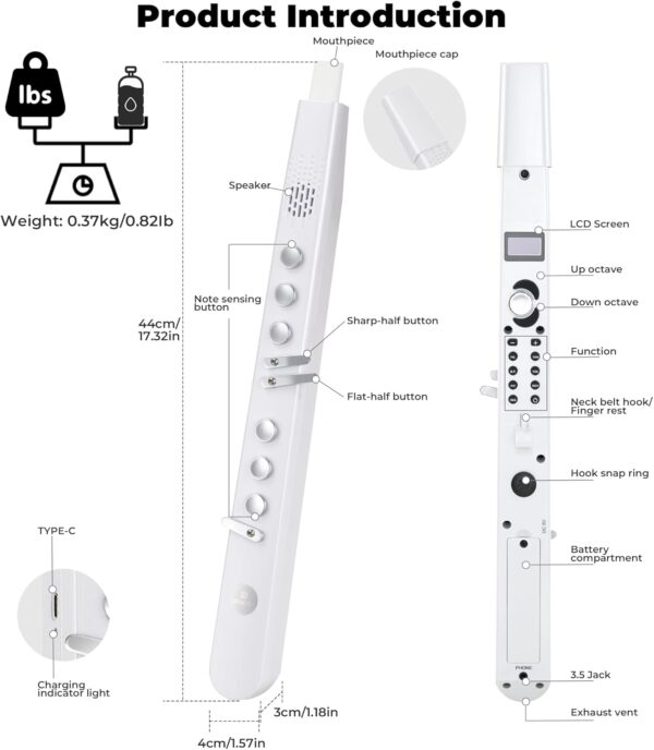 Vangoa MAE-02 Digital Wind Instrument, Professional Electronic Wind Instrument Synthesizer Rechargeable EWI with Wireless MIDI, 3 Fingerings 35 Tones 7 Functions for Beginners Adults Teens, White - For Sale - Price - Image 8