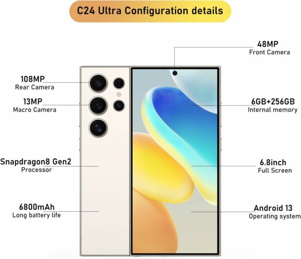 C24 Ultra 5G Smartphone 6+256GB Unlocked Phone,48+108MP Zoom Camera，6800mAh 6.8" HD Screen Unlocked Cell PhoneAndroid 13.0,Face ID/Fingerprint Lock/GPS Phone,Built-in Pen (White) - For Sale - Price - Image 3