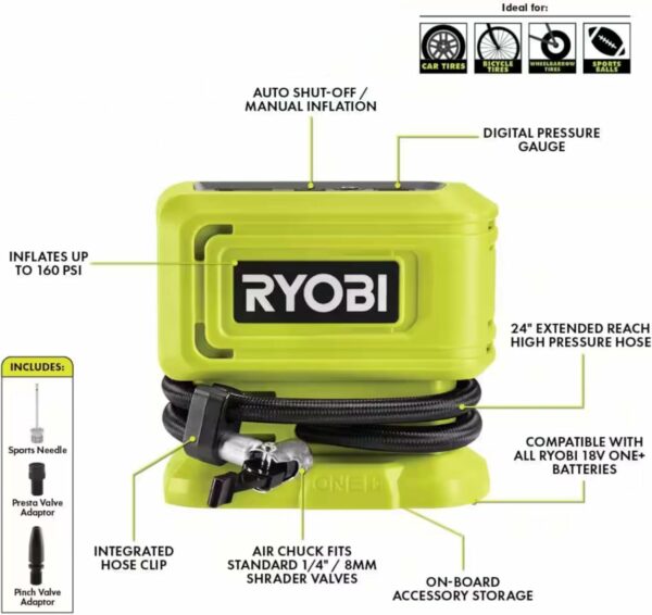 Buho Cordless Inflator Accessory Bundle - Ryobi 18 Volt High Pressure Inflator 2.0 Ah Battery 18V Charger Tool Bag for Tires and Inflatables - For Sale - Price - Image 2