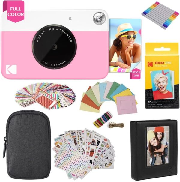 KODAK Printomatic Full-Color Instant Print Digital Camera Colorful Photos On Zink 2x3" Sticky-Back Photo Paper 5MP Gift Bundle: Case + Zink 2x3" 20pk + Album + Stickers + Frames + Markers - Pink - For Sale - Price