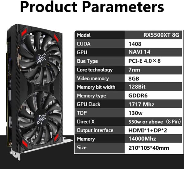 RX 5500 XT 8gb GDDR6 Graphics Card,128 Bit, 2XDP, HDMI, PCI Express 4.0X8, 8pin with Fan Intelligent System,Gaming PC Computer Video Cards with 2X DisplayPort +1X HDMI (Style 2) - For Sale - Price - Image 2