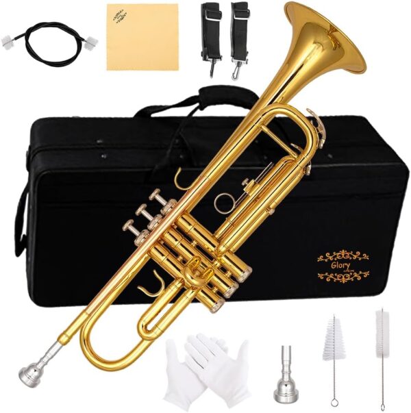 Glory Bb Trumpet - Trumpets for Beginner or Advanced Student with Case, pair of gloves-Gold - For Sale - Price