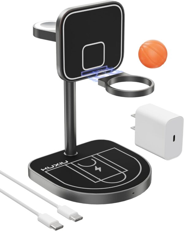 3-Point Power 3 in 1 Charging Station for Apple, KU XIU X85 Aluminum Alloy Magnetic Wireless Charger Stand with Mini Basketball & Hoop for iPhone 16/15/14/13/12, 5W for Apple Watch, AirPods, Black - For Sale - Price