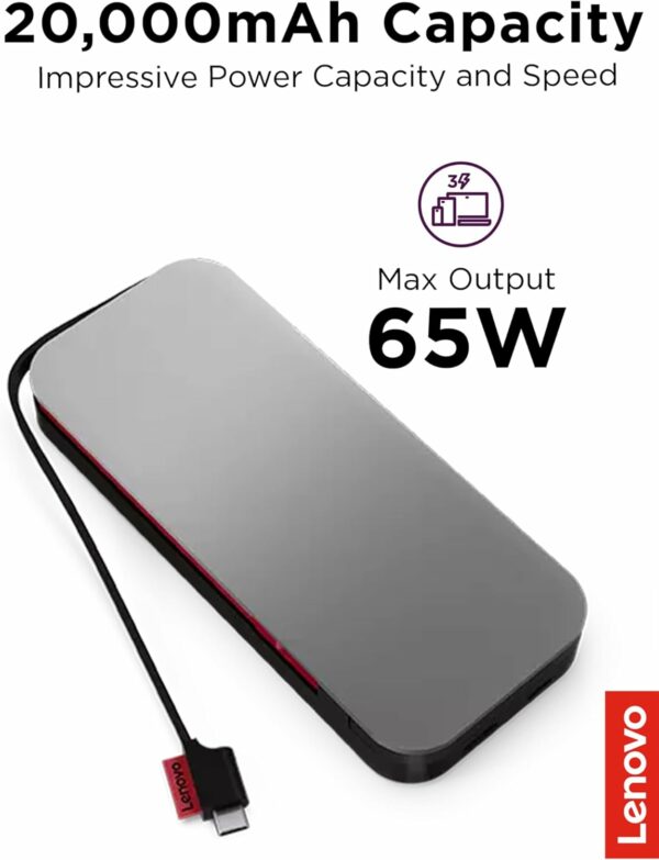 Lenovo Go USB-C Laptop Power Bank (20000 mAh) - 65W - USB-C and USB-A Ports - Fast Charging Portable Power Station with Integrated Cable - Model PBLG2W - Storm Grey - For Sale - Price - Image 4