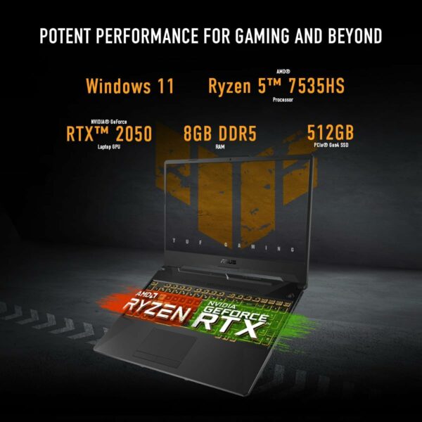 ASUS TUF Gaming A15 Gaming Laptop, 15.6” FHD 144Hz Display, NVIDIA® GeForce RTX™ 2050, AMD Ryzen™ 5 7535HS, 8GB DDR5, 512GB PCIe® Gen4 NVMe™ SSD, Wi-Fi 6, Windows 11, FA506NF-ES51 - For Sale - Price - Image 2