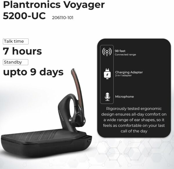 Plantronics Voyager 5200-UC for Bluetooth Headset Earpiece Bundle 206110-101 - for Smartphones, PC, iOS, Mac, Tablet, Incl. Charging Case + Charging Cable + USB Dongle + USB A-C + Microfiber Cloth - For Sale - Price - Image 3