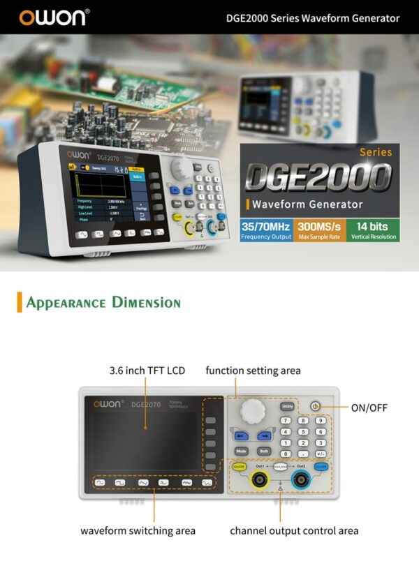 OWON DGE2000 Series Arbitrary Waveform Generator 35MHz/70MHz Frequency Output Comprehensive Waveform Output : 5 Basic waveforms and 150 Built-in Arbitrary waveforms (DGE2070 70MHz 300MS/s 8k 14bits) For Sale - Price - Image 5