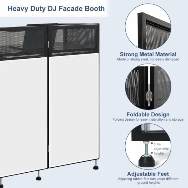 LUCKUP Portable DJ Booth 41"L x 20"W DJ Facade with White & Black Scrim, Foldable DJ Table Station with Adjustable Feet for Party, Black Metal Frame - For Sale - Price - Image 3