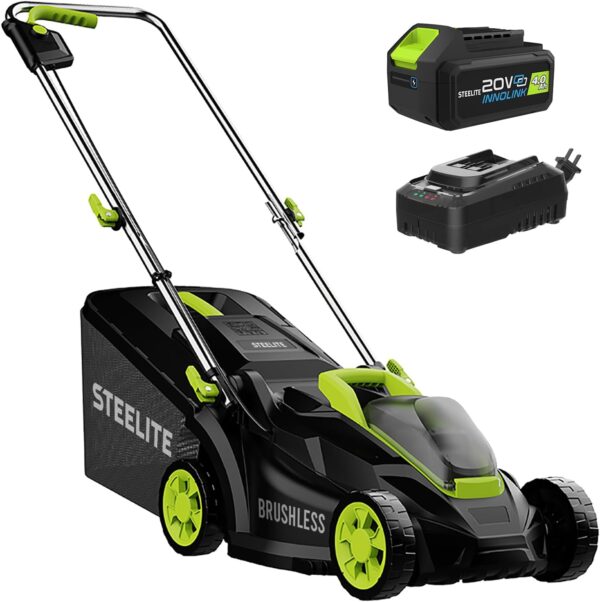 Steelite Lawn Mower 13.2" Electric Lawn Mower for Small Yards, 2-in-1 Lightweight Cordless Lawn Mower Brushless with 21V 4.0Ah Battery and Charger Includ, Green - For Sale - Price