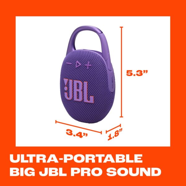 JBL Clip 5 - Ultra-Portable, Waterproof & Dustproof Bluetooth Speaker, Big Pro Sound with Punchy bass, Integrated Carabiner, Up to 12 Hours of Play, Made in Part with Recycled Materials (Purple) - For Sale - Price - Image 6