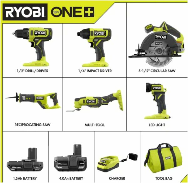 RYOBI ONE+ PCL1600K2 18V Cordless 6-Tool Combo Kit with 1.5 Ah Battery, 4.0 Ah Battery, and Charger - For Sale - Price - Image 2