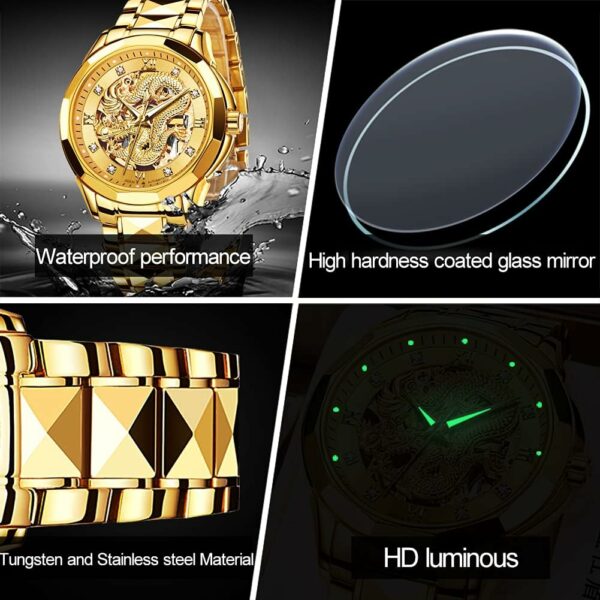 OLEVS Watches for Men Gold Automatic Watches Mens Dragon Skeleton Mechanical Luxury Watch Business Dress with Tungsten Steel Luminous 160FT Waterproof Diamond Fashion Wrist Watch Gold - For Sale - Price - Image 4