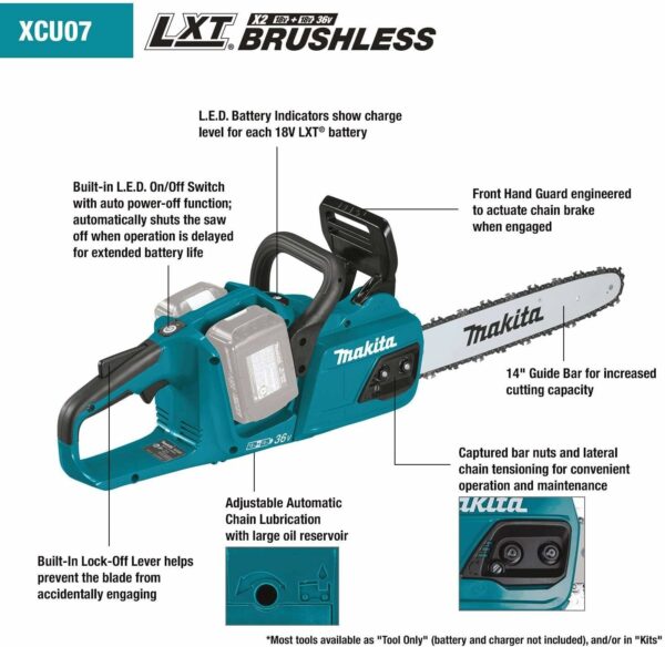 Makita XCU07Z 18V X2 (36V) LXT Lithium-Ion Brushless Cordless 14" Chain Saw, Tool Only, Teal - For Sale - Price - Image 3