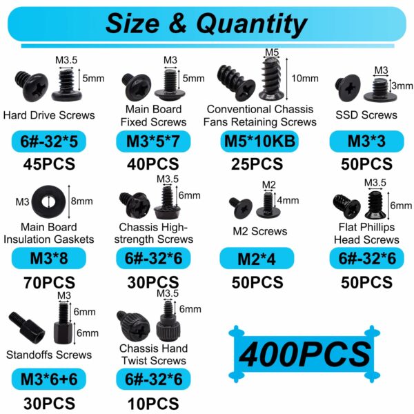 400PCS Computer Screws Assortment Kit, Motherboard Standoffs Screws PC Screws for Universal Motherboard, SSD, Hard Drive, PC Case, PC Fan, for DIY PC Installation and Repair - For Sale - Price - Image 2