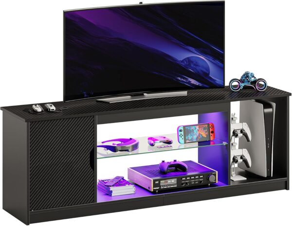 Bestier Led Entertainment Center for PS5, Gaming TV Stand with Cabinet for 60/65 Inch TV, Modern TV Console with Adjustable Glass Shelf for Living Room Easy Assembly Carbon Fiber Black - For Sale - Price