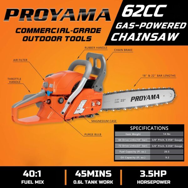 PROYAMA 62CC 2-Cycle Gas Powered Chainsaw, 22 Inch 18 Inch Handheld Cordless Petrol Chain Saw for Tree Wood Cutting - For Sale - Price - Image 2