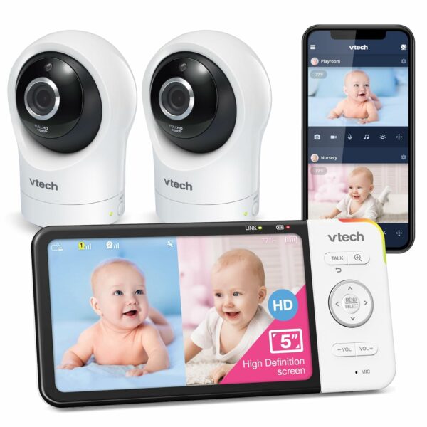 VTech RM5764-2HD 1080p Smart WiFi Remote Access 2 Camera BabyMonitor, 360° Pan & Tilt, 5" 720p HD Display, Night Vision, Soothing Sounds, 2-Way Talk, Temperature & Motion Detection, iOS & Android - For Sale - Price