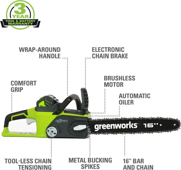 Greenworks 40V 16" Brushless Cordless Chainsaw, 4.0Ah Battery and Charger Included - For Sale - Price - Image 2