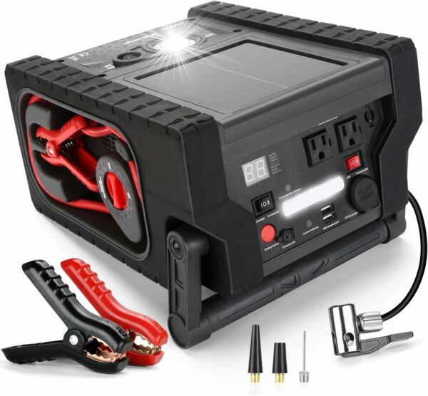 ZD-529 Solar Portable Power Station 2000 Amps Jump Starter, 260 PSI Air Compressor, 12V Car Battery Charger with 400W Inverter Dual AC/DC/USB Output, Emergency Backup Power with Flashlights - For Sale - Price